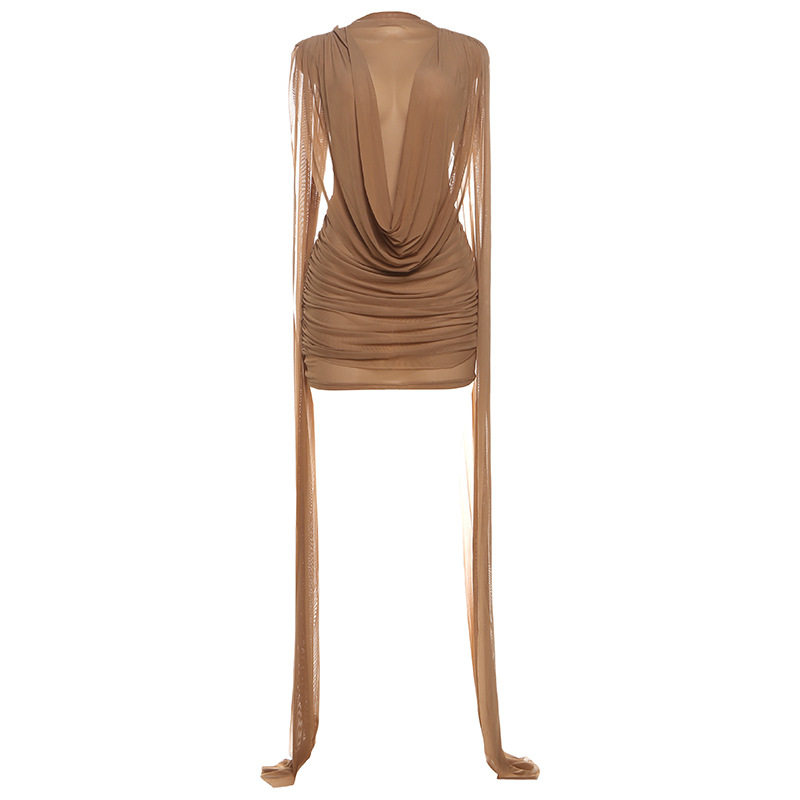 Fashionable Womens Bodycon Dress Sheer Mesh Ruffled Design Stylish Tie Details Perfect for Autumn and Winter