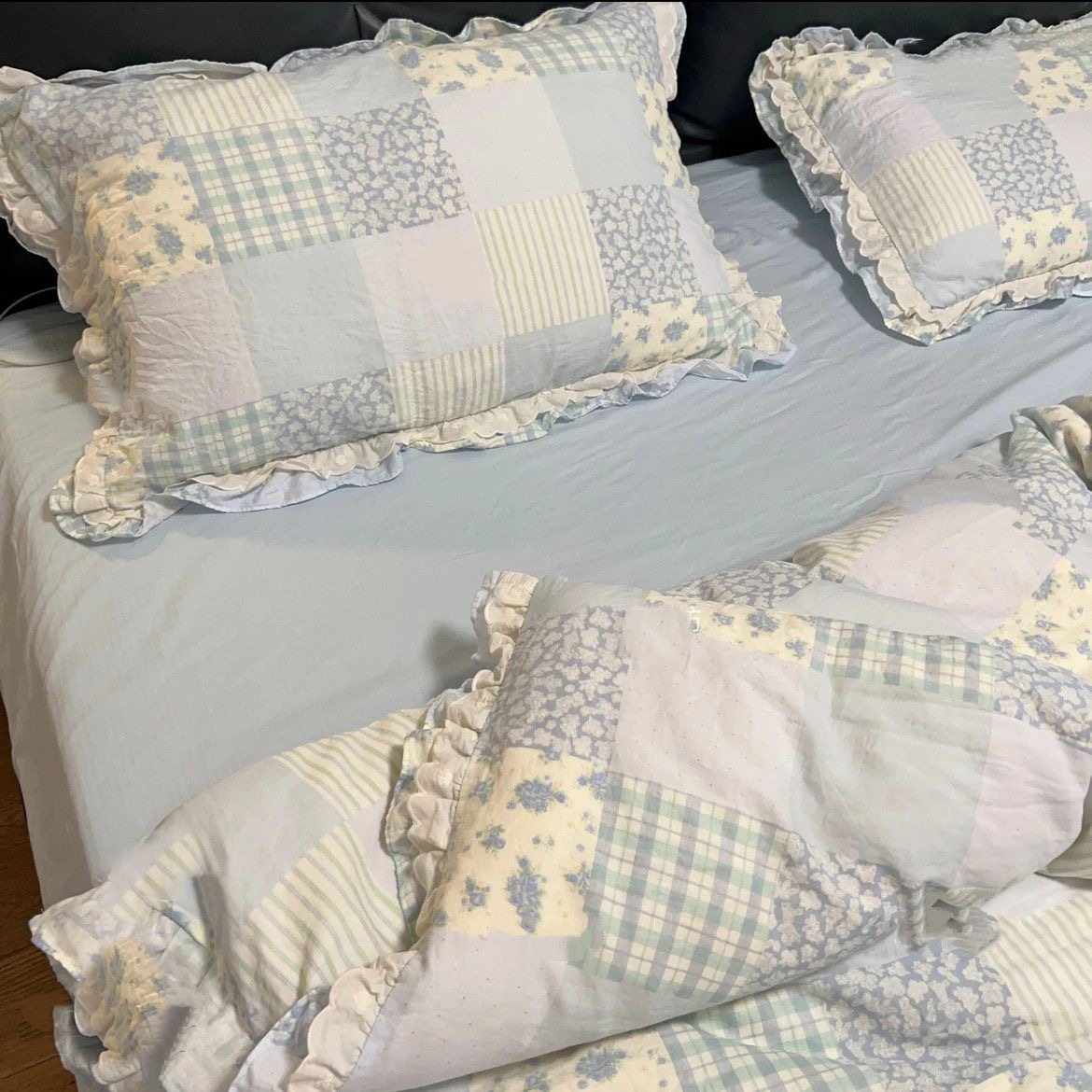 All-Cotton Double-Layer Gauze Lace Four-Piece Set, Class a Maternal and Infant Pure Cotton Gauze Dormitory Three-Piece Set with Crinkled Edges and Hollow Edges