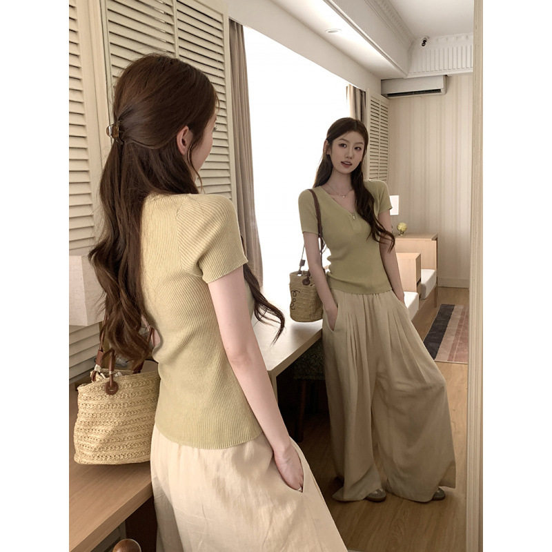 คอวีสีขาวหรูหราฝรั่งเศสซิปถักแขนสั้น เสื้อยืดสำหรับผู้หญิงฤด...