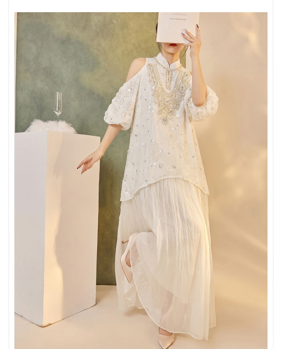 Đầm maxi nữ vai trần tay bồng thêu đính cườm dáng suông — Trắng cực quang, Xanh tuyết núi