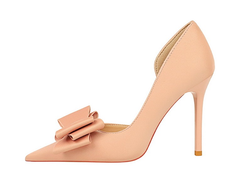 Giày cao gót nữ mũi nhọn gót siêu cao 10.5cm mặt lụa satin thắt nơ hở hông — Màu đen, Màu đỏ hoa hồng, Màu đỏ rượu, Màu hồng