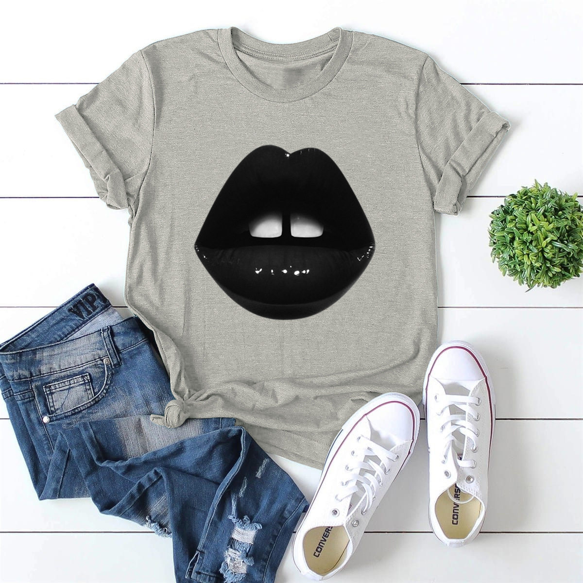 Plus Size Womens Black Short Sleeve T Shirt Lips Print Round Neck Fitted Style Casual Wear Wholesale Available