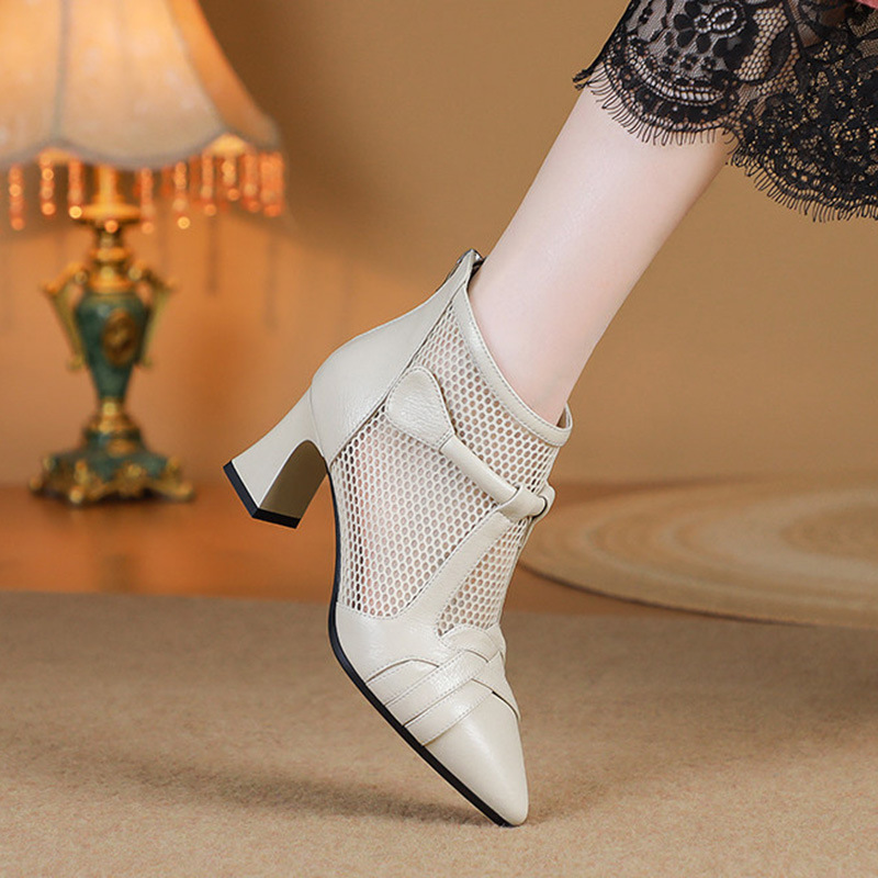 Giày sandal nữ quai mảnh gót thô mũi nhọn phong cách thanh lịch đi làm — Đen 5cm, Đen 7cm, Nâu 5cm, Nâu 7cm