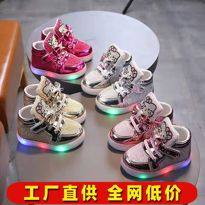 Factory Direct Supply Girls' Princess Shoes with Rhinestones, Breathable Light-Up Shoes, Children's Sports Shoes, Casual Shoes for Boys and Girls with Led Lights