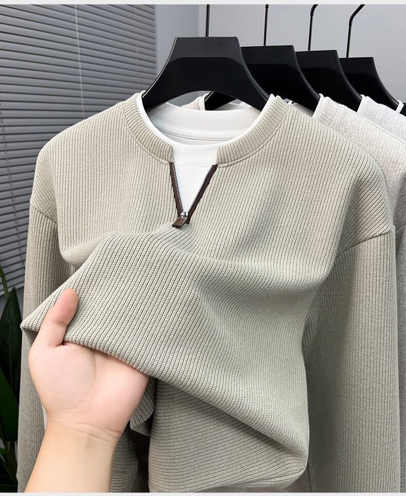 Áo nỉ dệt kim nam khóa kéo nửa thân cổ đứng phong cách công sở — Xanh đen, Màu trắng ngà, Xám nhạt, Xanh đậu