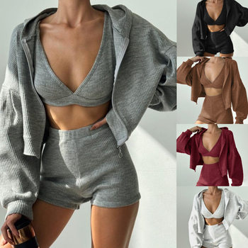 European and American Hot Girl Sports and Leisure Zipper Hooded Suit Women's Autumn Cross-Border New Comfortable Short Top Three-Piece Set