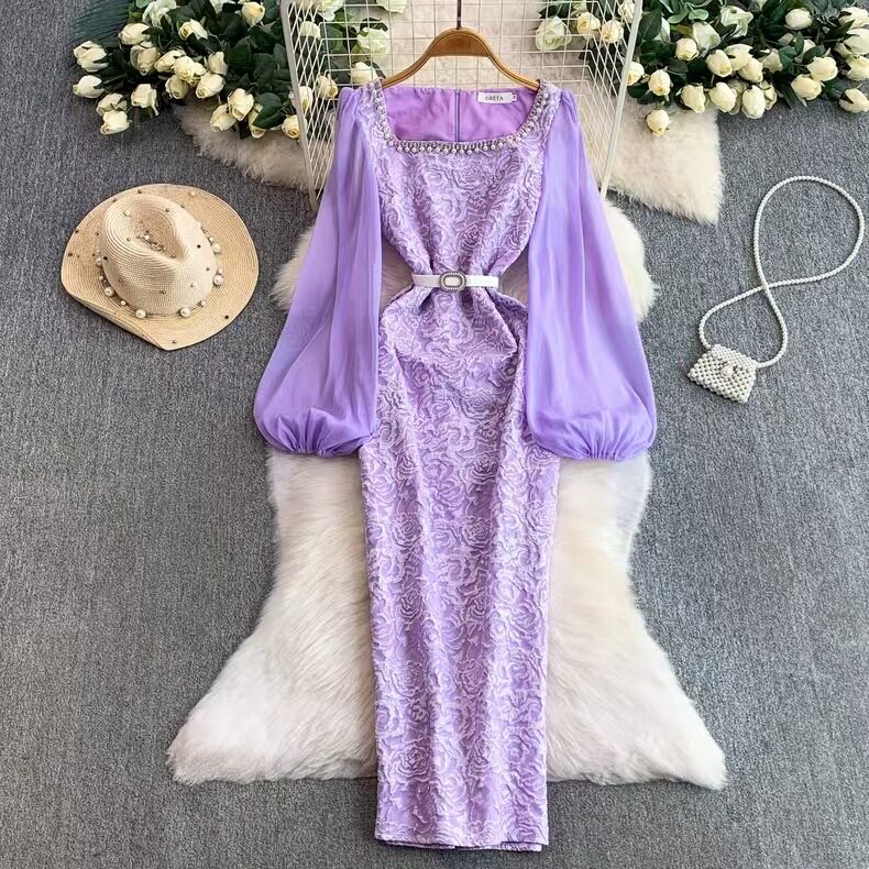 Elegant Purple Lace Dress with Puff Sleeves Rhinestone Detail Slim Fit Midi Length Perfect for Formal Occasions