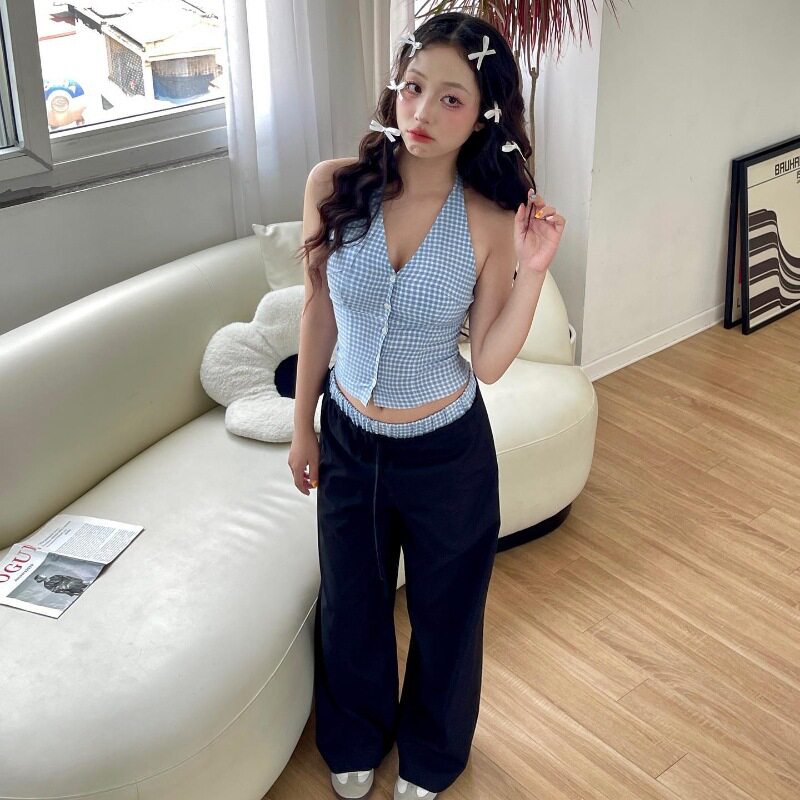 Vintage Plaid Halter Top and Loose Fit Trousers Set Sweet Style Casual Summer Wear Available in Multiple Sizes