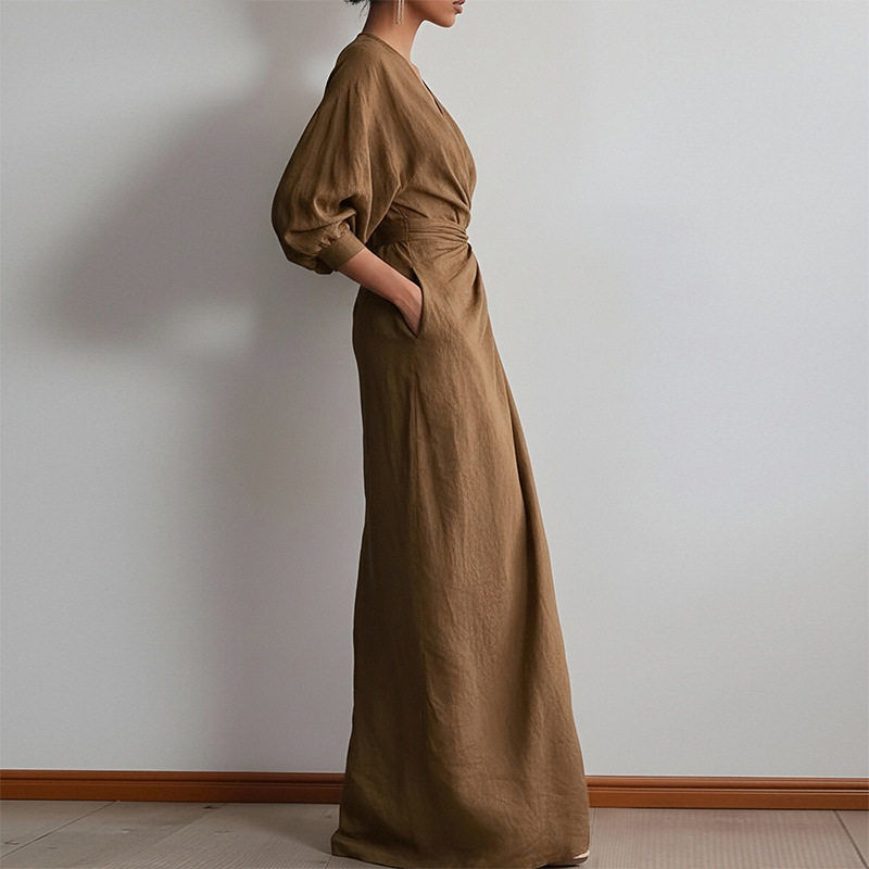 Womens Spring V Neck Long Dress Elegant Solid Color Waist Defining Fashionable Perfect for Casual or Formal