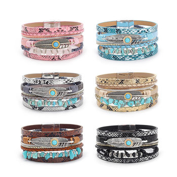 Bohemian style gravel feather leather women's bracelet creative vintage feather turquoise magnet buckle bracelet