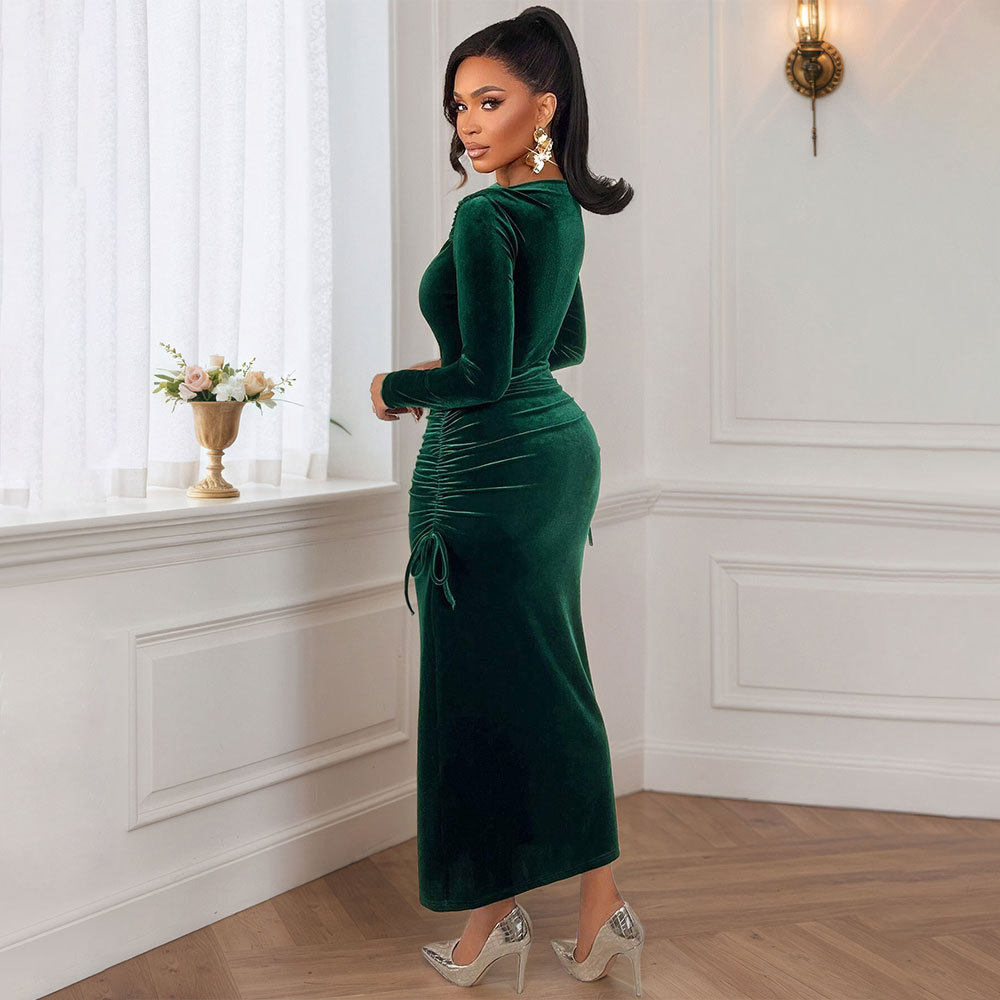 Velvet Maxi Dress for Women Dark Green Long Sleeve Slim Fit Side Pleats Elegant Spring Summer Outfit Wholesale