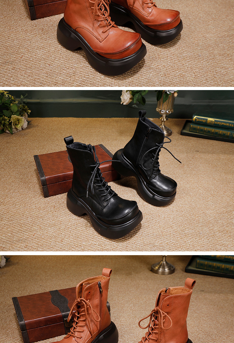 Boot Martin nữ cổ ngắn đế dày da bò thật tăng chiều cao — màu đen, Màu nâu