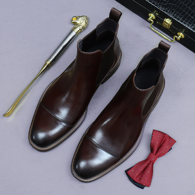 Boot Chelsea nam da bò cao cấp cổ thấp phong cách công sở — Màu nâu cộng với nhung, Màu đen, Lông cừu đen, Màu cà phê