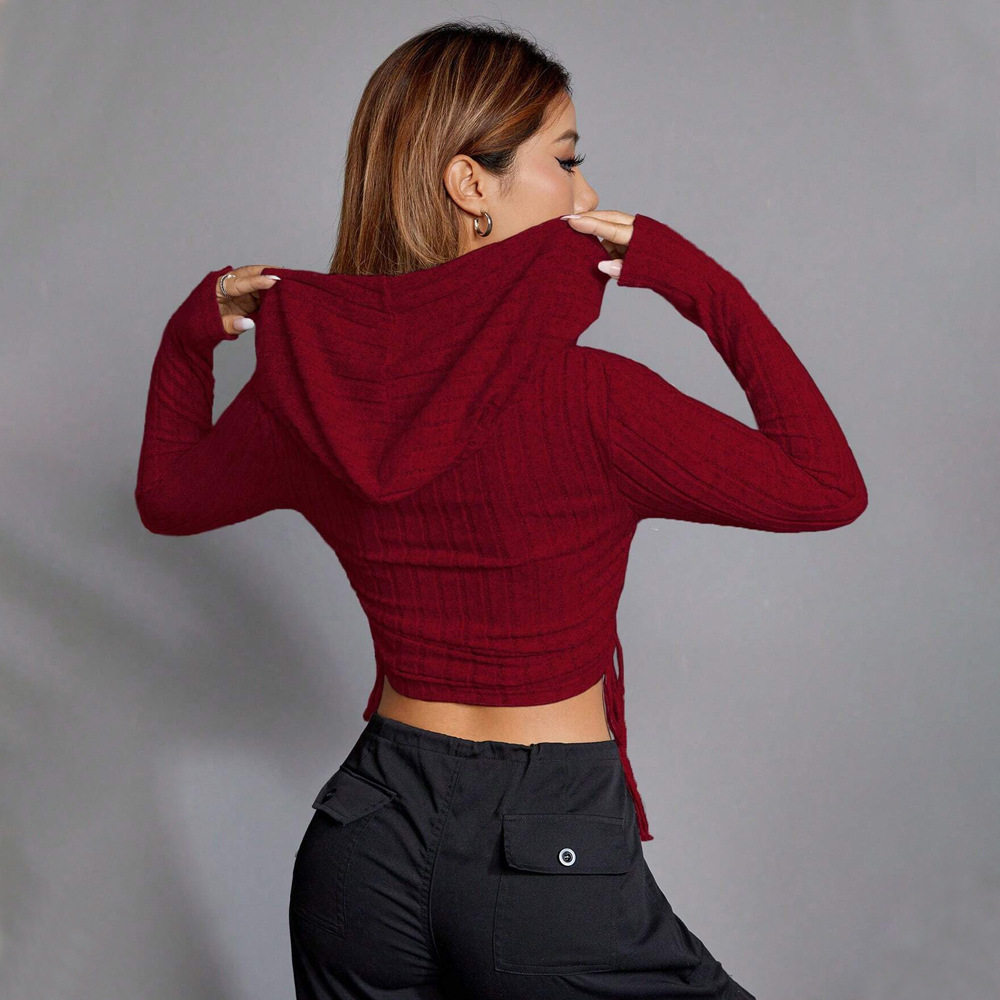 Womens Slim Fit Hooded T Shirt Burgundy Color Casual Style Autumn Winter Wear Wholesale Available