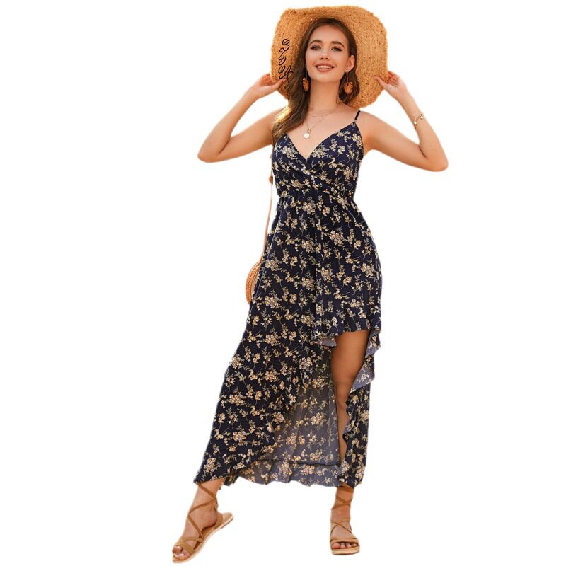 Floral Summer Dress Ruffled Hem Asymmetrical Design Spaghetti Straps Casual Wear for Women Wholesale Available
