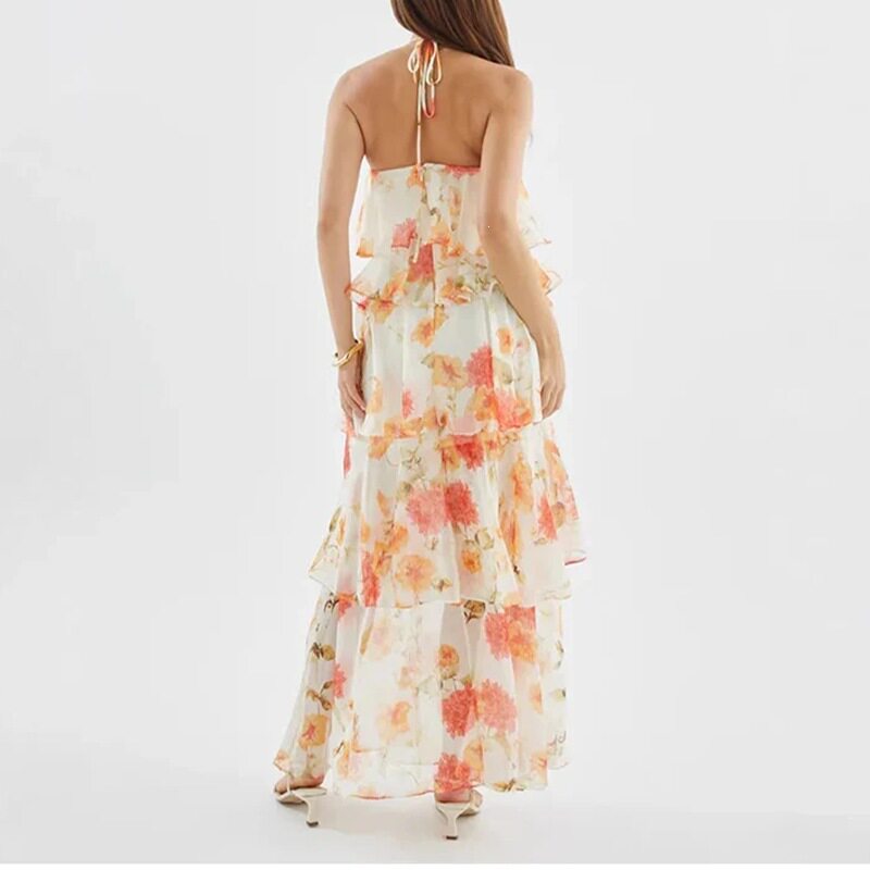 Womens Summer Maxi Dress Elegant Casual Loose Fit Floral Print Backless Perfect for Beach or Garden Parties