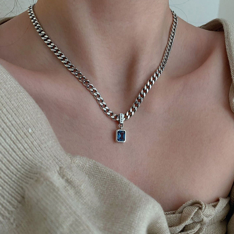 Diamond Blue Zircon Necklace Women's Niche Design Heavy Industry Simple Thick Chain Lucky Clavicle Chain 2022 Trendy