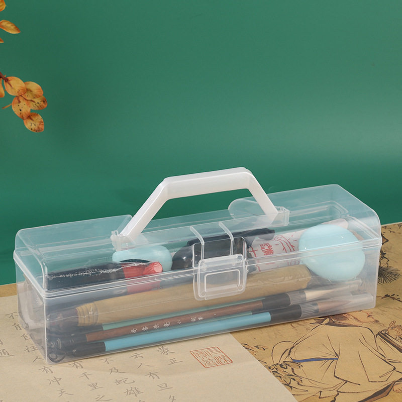 Plastic transparent calligraphy storage box lengthened student portable writing brush portable box art student calligraphy toolbox