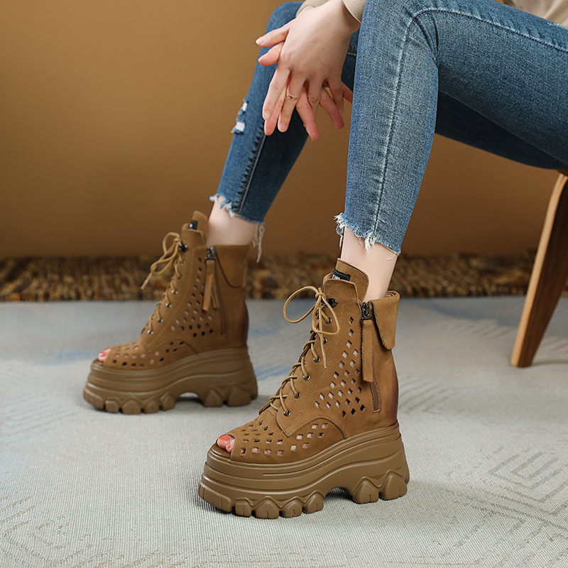 Giày Dép Sandal Nữ Chất Liệu Da Bò Cao 12cm Tăng Chiều Cao Miệng Cá Hàng Mùa Hè Phục Cổ Cổ Điển