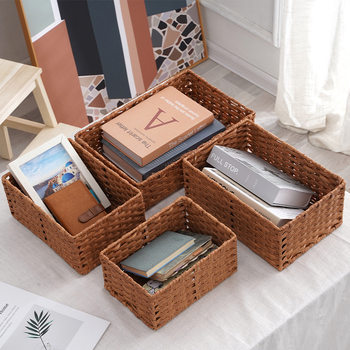 Desktop Storage Rattan-like Woven Storage Basket Pastoral Style Desktop Snacks Cosmetics Storage Box Book Storage Basket