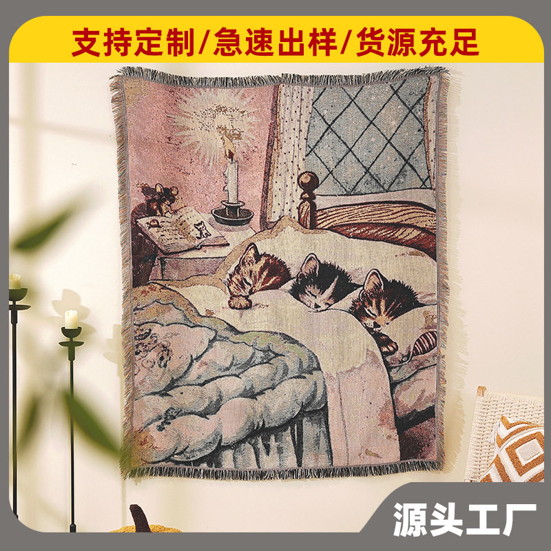 Customized Outdoor Camping Style Blanket Jacquard Oil Painting Tapestry Pet Kitten Sofa Towel Thread Blanket Home Nap Air Conditioning Cover Blanket