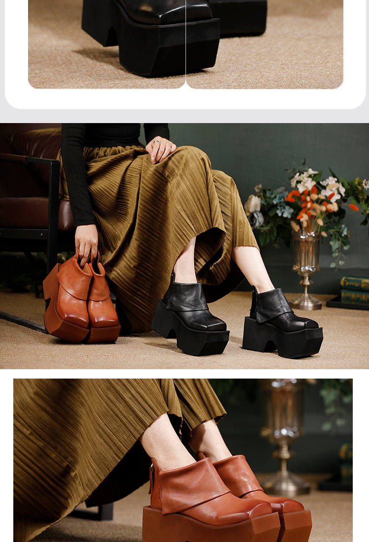Boot nữ cổ thấp đế dày platform da bò thật khóa kéo sau tôn dáng — màu đen, Màu nâu