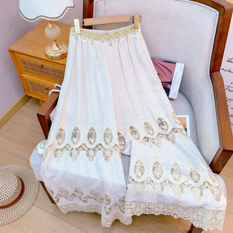 Quần ống rộng nữ cạp vừa dáng suông thêu ren tua rua — Lan đen, Màu vàng thu, Trắng tự nhiên