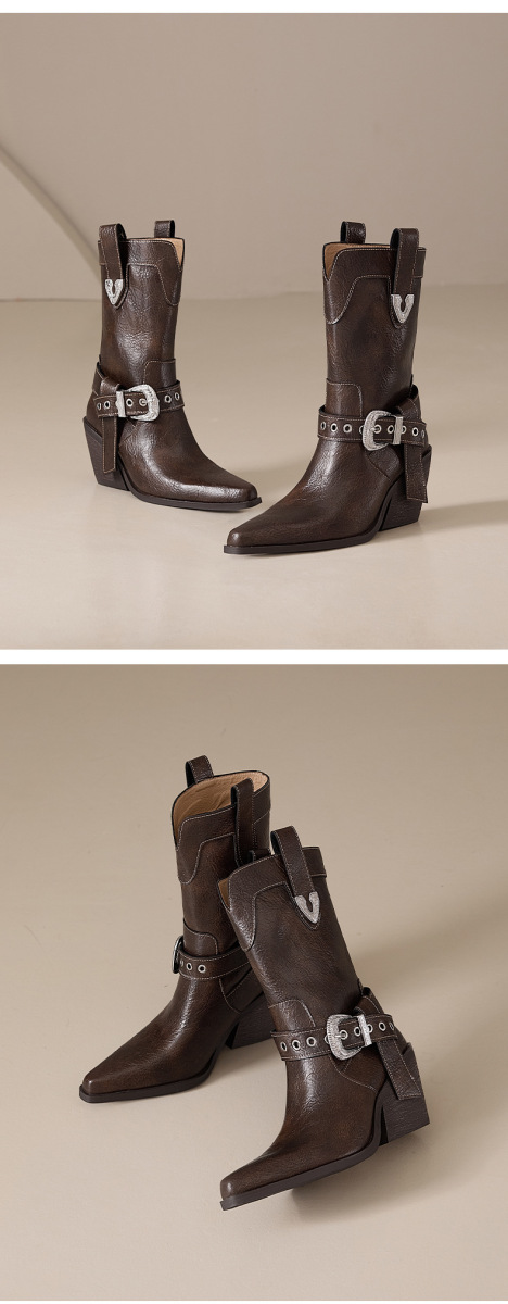 Boot nữ cổ thấp da bò gót xuồng mũi nhọn khóa thắt lưng — Lớp lót đơn màu đen, Lớp lót đơn màu nâu, Lót nhung đen, Lót nhung màu nâu