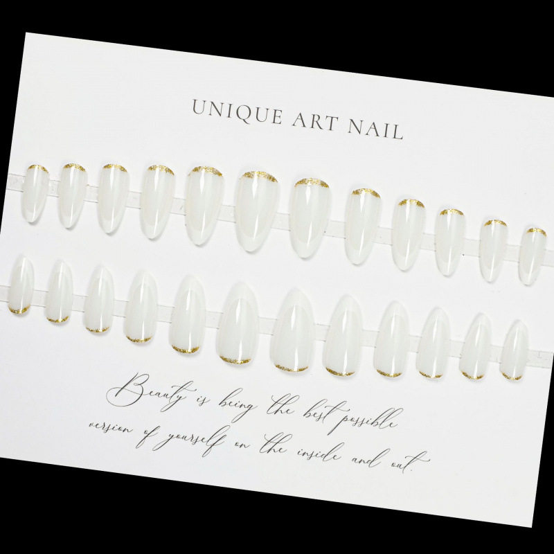 Long Almond Nails, Wearable Nails, Simple French Glitter Nail Polish, Removable Finished Foreign Trade Fake Nails