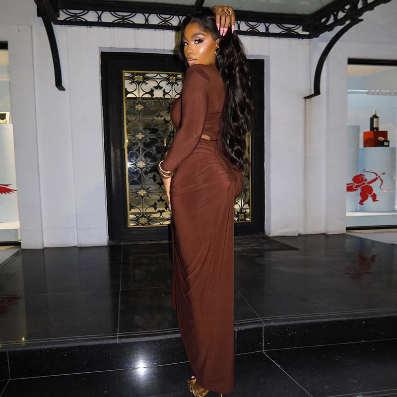 Womens Bodycon Dress Solid Color Ruffled Hem High Neck Long Sleeve Stylish for Office Wear or Casual Events