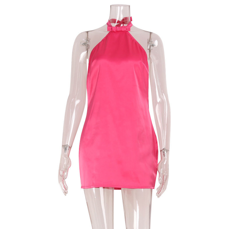 Chic Satin Feel Midi Dress Trendy Halter Neck Versatile Rose Pink Elegant Style Perfect for Parties and Events