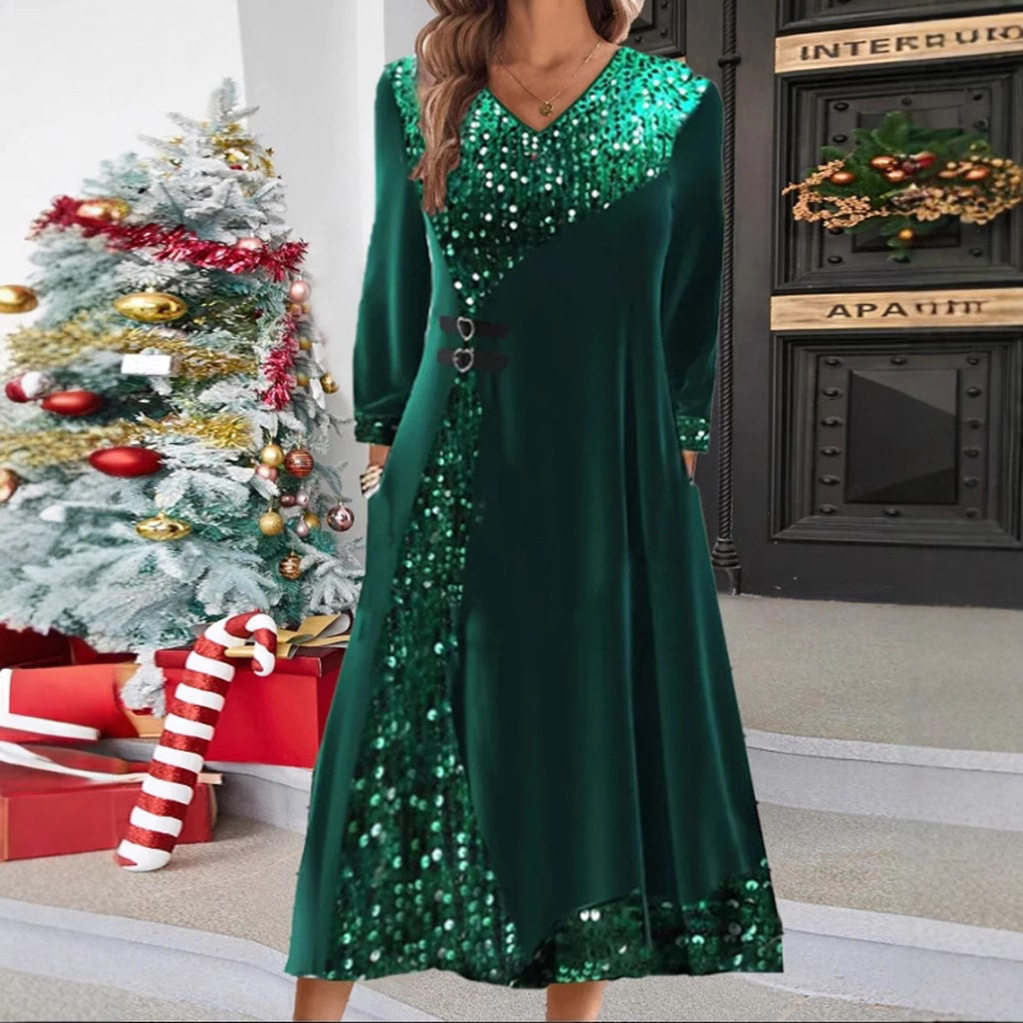 V Neck Long Sleeve Dress Solid Color Sequin Detail Elegant Style Perfect for Autumn and Winter Wholesale Available