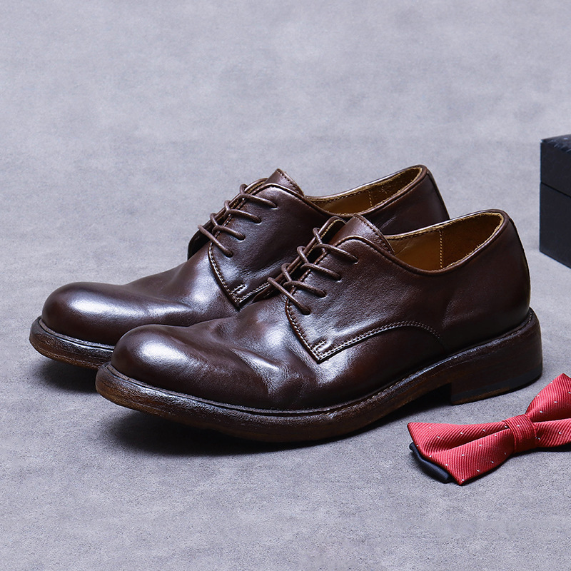 Giày Derby nam da bò thật đế da khâu Goodyear mũi tròn — Màu nâu