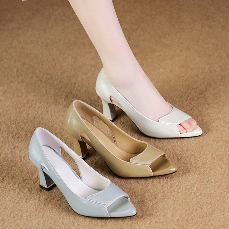 Sandal cao gót nữ mũi cá hở ngón gót thô 7cm đế mềm nhẹ nhàng — Màu be, Màu trắng, Màu xanh dương