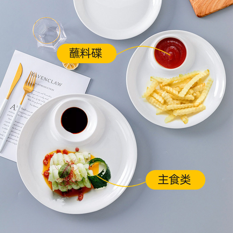 Wholesale Pure White Ceramic Dumplings Plate with Vinegar Dish White Burning Shrimp Plate Salmon Sashimi Round Denier Dish Plate