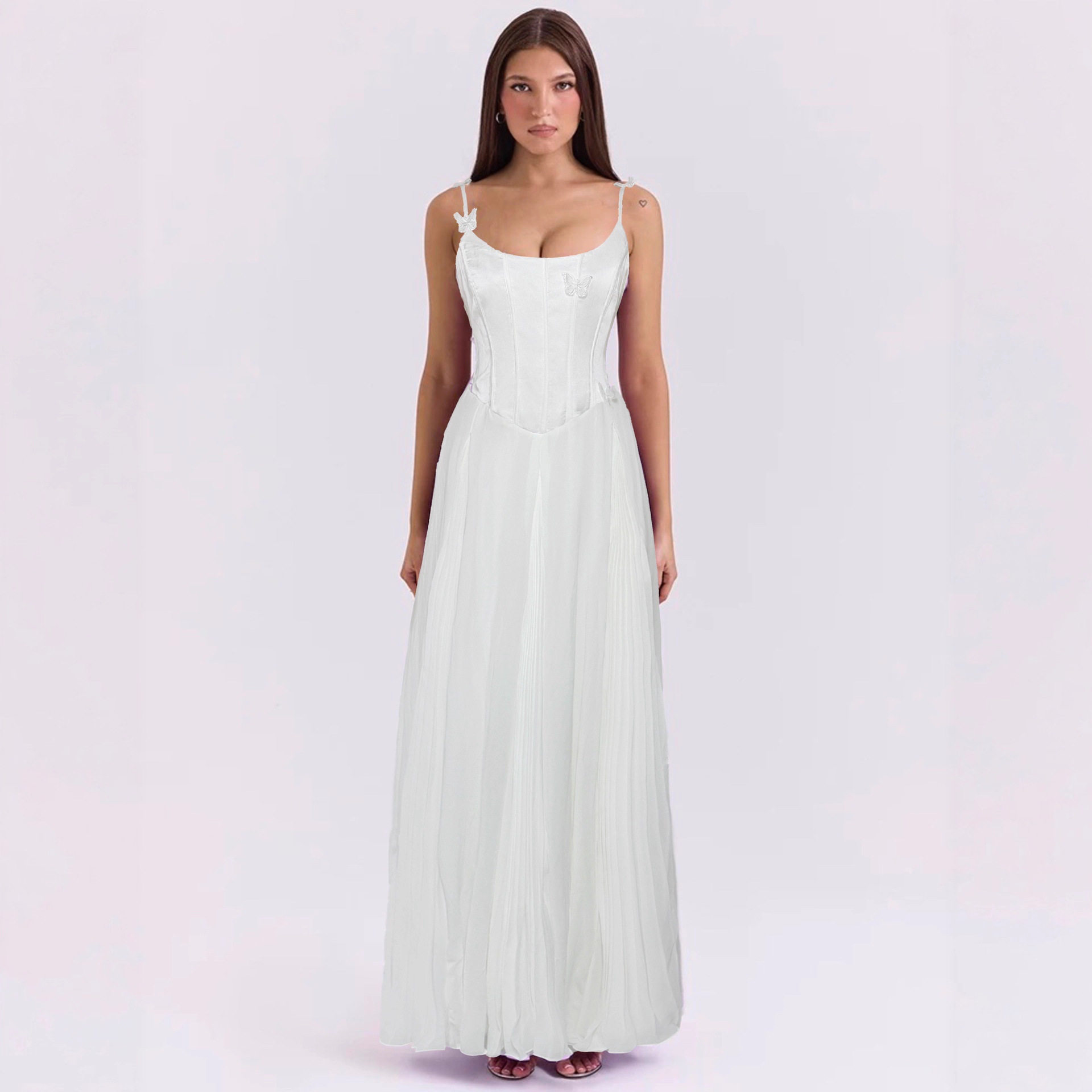 Elegant A Line Dress Solid Color 3D Butterfly Decoration Waist Defining Flared Skirt Perfect for Parties and Events