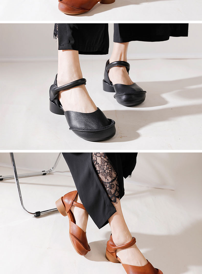 Giày sandal nữ quai ngang gót thô bọc mũi bằng da bò thật, đế mềm thủ công — Màu đen, Màu nâu