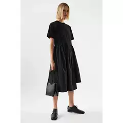 CS2026 Summer Women's Round Neck T-Shirt Dress with Irregular Shirred Midi Length Black Dress, Elegant Office Wear