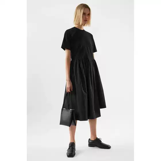 CS2026 Summer Women's Round Neck T-Shirt Dress with Irregular Shirred Midi Length Black Dress, Elegant Office Wear