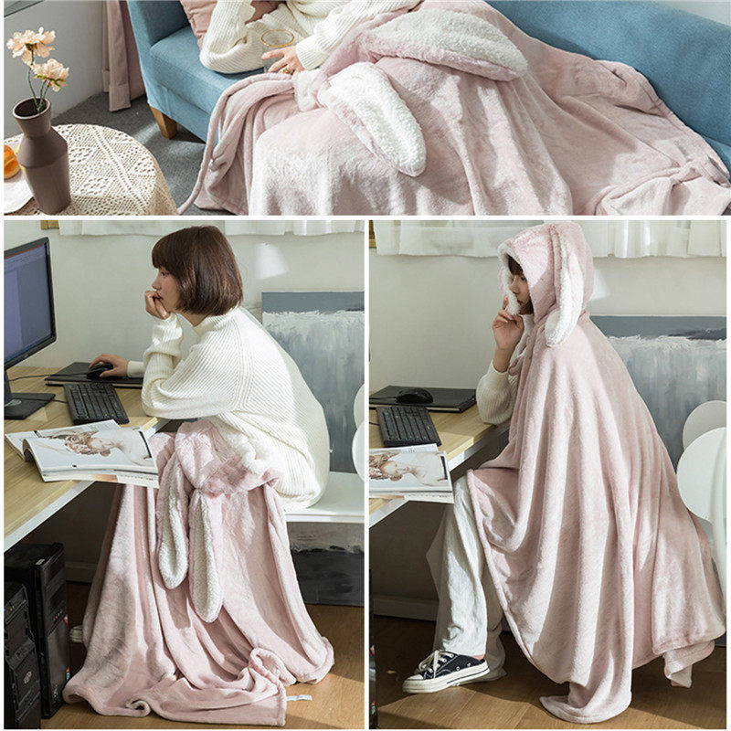 Amazon Shawl Blanket Wearable Cloak Blanket with Hooded Cute Rabbit Ear Bed Blanket Winter Adult Warm Blanket