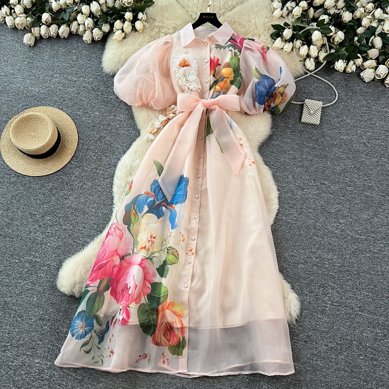 French Elegant Summer Dress Corset Tie Waist 3D Floral Design Lantern Sleeves Printed Tulle Perfect for Parties and