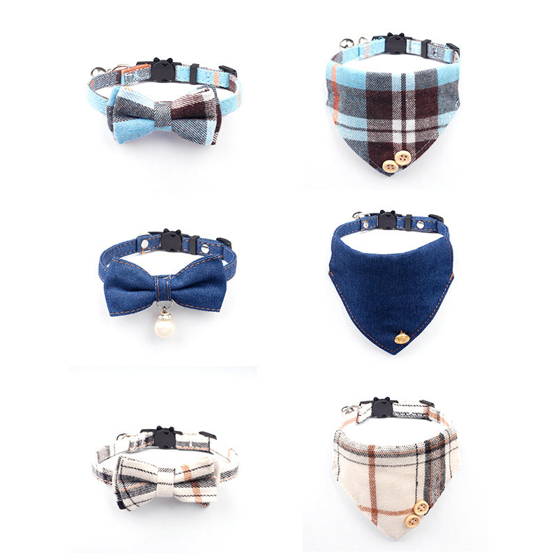 Cross-border new pet collar plaid fabric collar bow saliva towel set factory spot wholesale