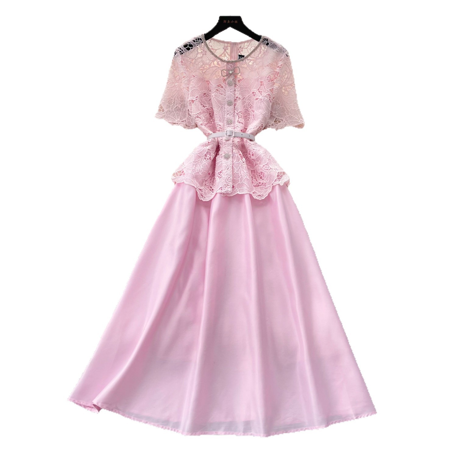 Pink Lace Hollow Out Satin A Line Dress for Women Summer Slim Fit Elegant Style Perfect for Work and Special Occasions