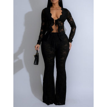 Al311 Amazon Cross-Border European and American Clothing Sexy Lace Flocking Suit See-Through Two-Piece Nightclub Party