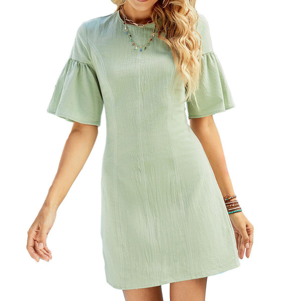 Spring Womens Dress Round Neck Ruffle Sleeves Mid Waist Solid Color Casual Wear for Outdoor Events Wholesale