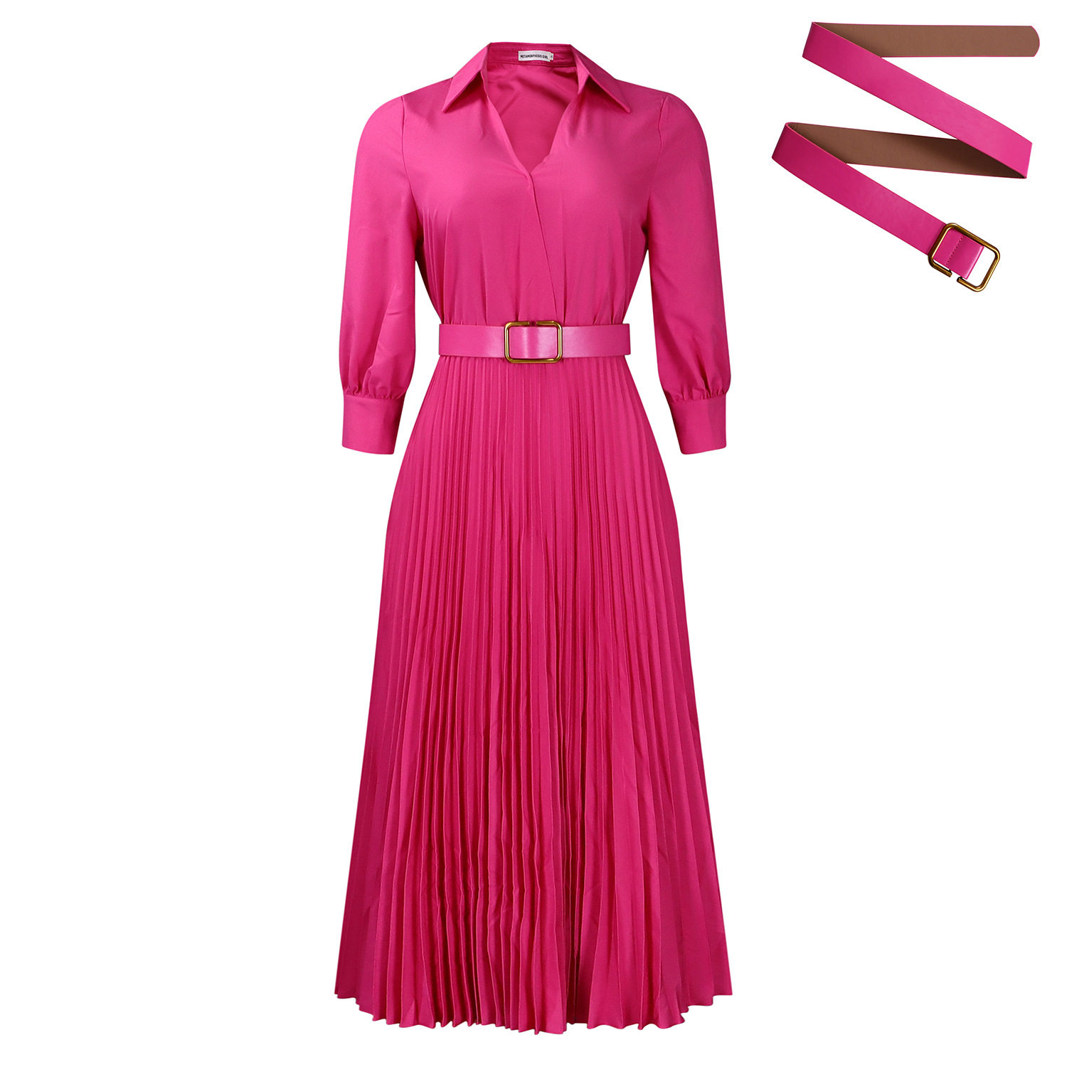 Plus Size Womens Dress Elegant Solid Color Flared Skirt Pleated Design Lapel Collar Autumn Winter Collection