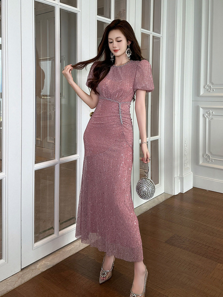 Đầm maxi nữ đuôi cá tay bồng cổ tròn cao eo — [Hồng], [Đen]