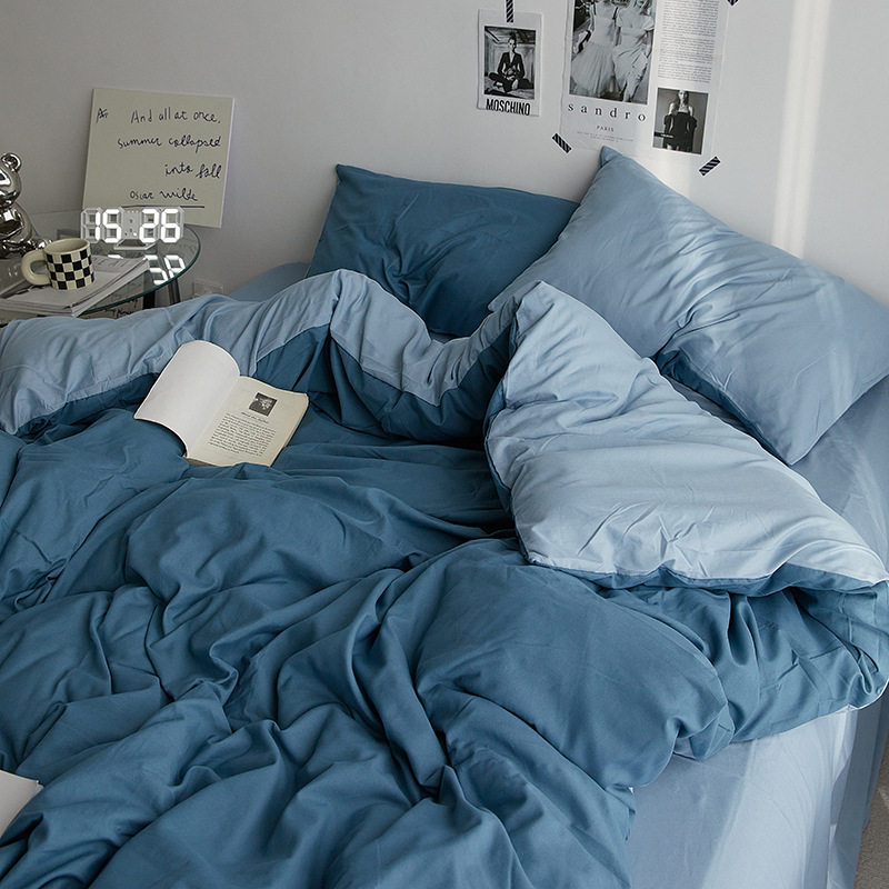 Ins style solid color four-piece set of water-washed cotton quilt cover sheets skin-friendly sanding student dormitory three-piece set of bedding wholesale