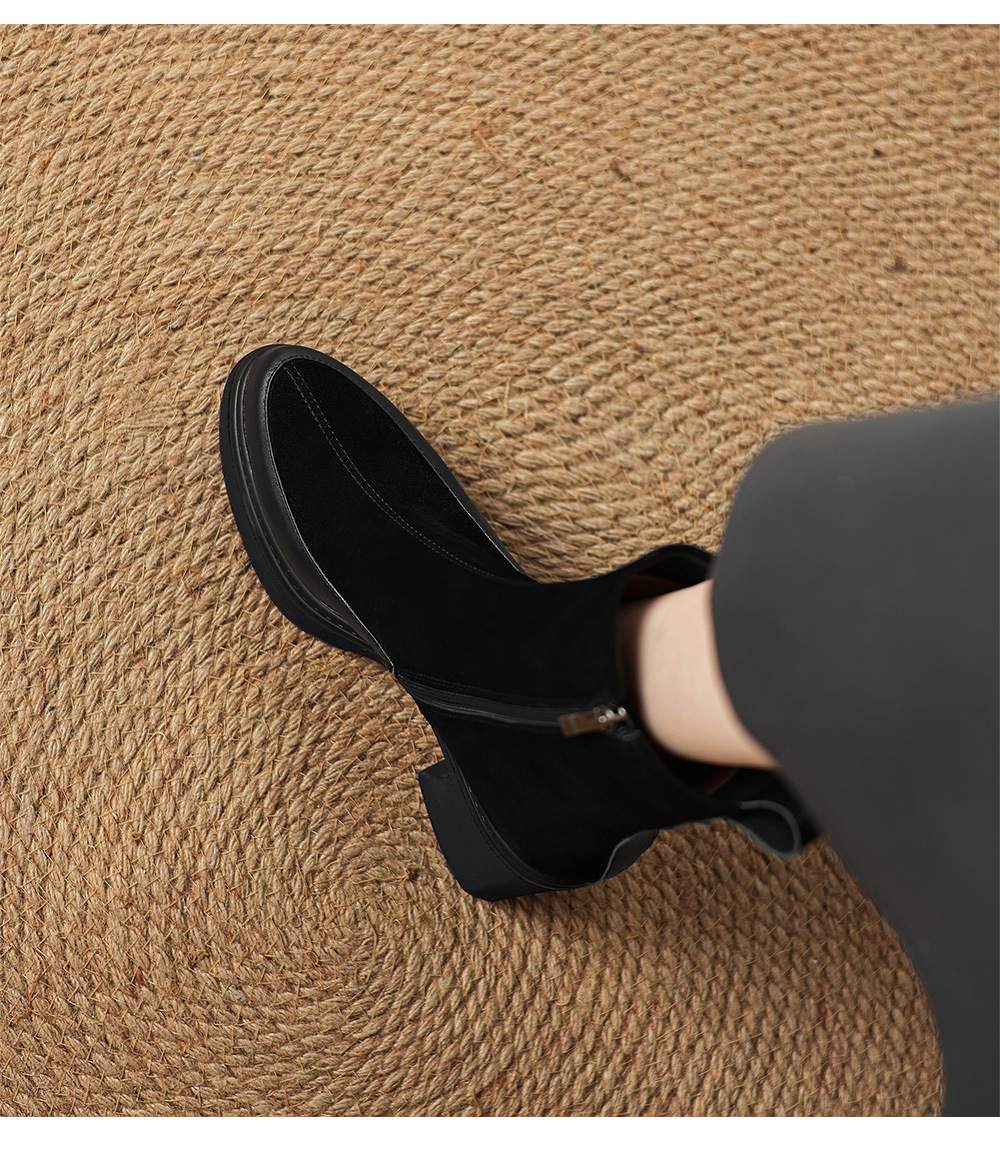 Boot nữ mũi nhọn phối da, cổ ngắn ôm chân, đế dày gót cao — Lớp lót đơn màu đen, Lót nhung đen