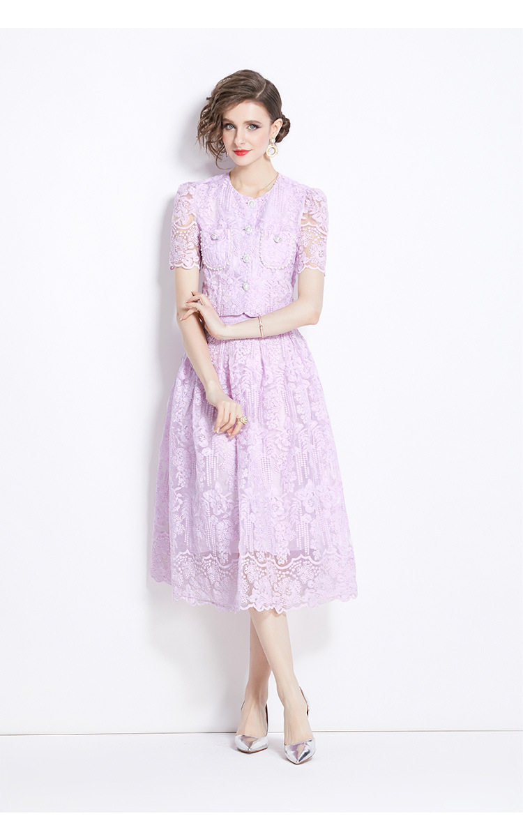 Elegant Womens Two Piece Set French Lace Puff Sleeve Blouse High Waisted Slim Skirt Perfect for Formal Occasions